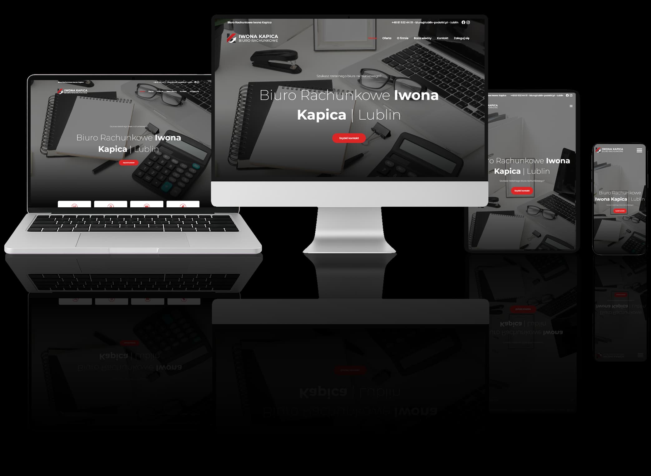 Responsywny projekt strony internetowej dla biura rachunkowego, wyświetlany na różnych urządzeniach: komputerze, laptopie, tablecie i smartfonie