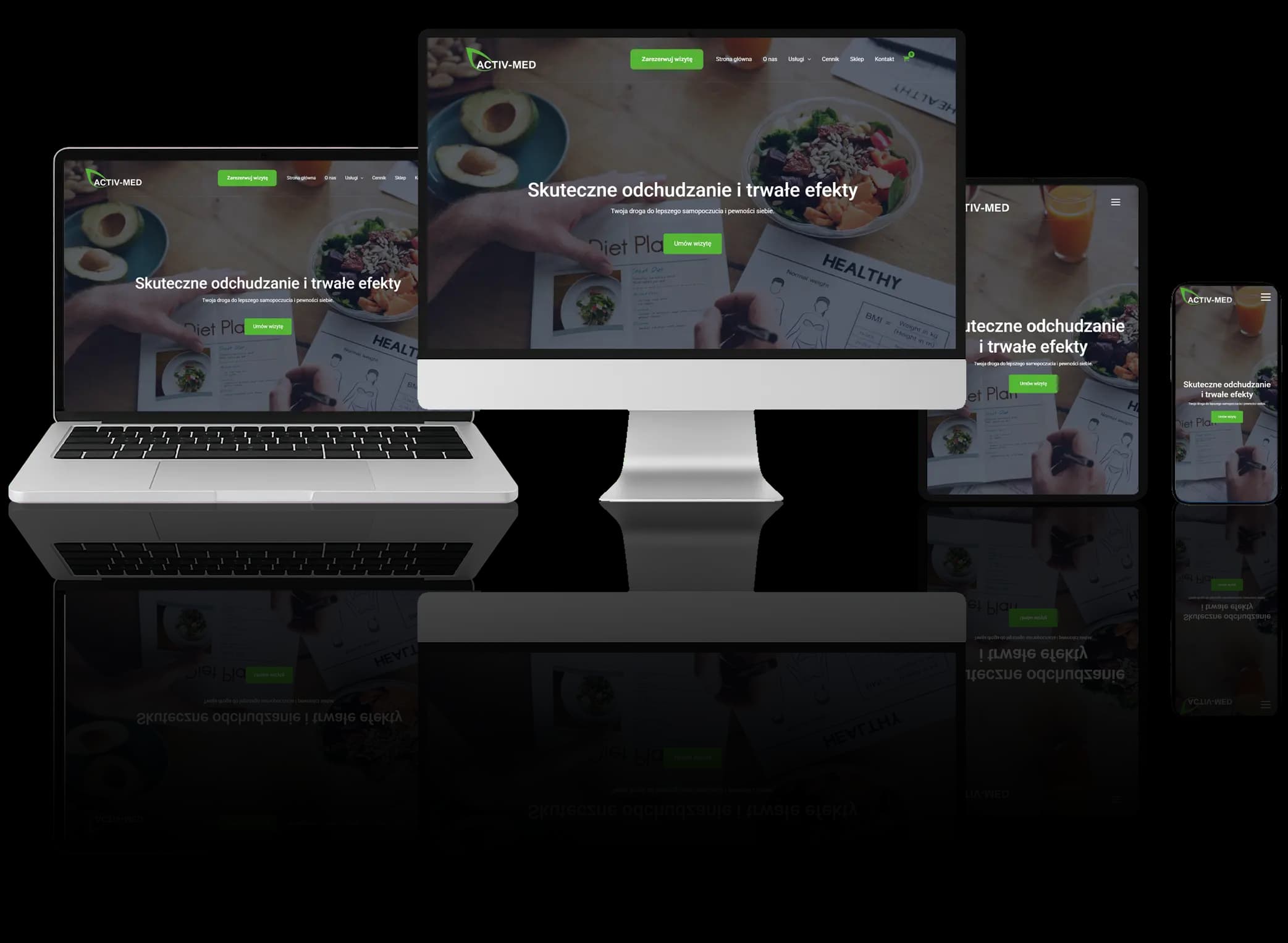 Responsywny projekt strony internetowej dla gabinetu fizjoterapii, dietetyki i treningów personalnych, wyświetlany na różnych urządzeniach: komputerze, laptopie, tablecie i smartfonie
