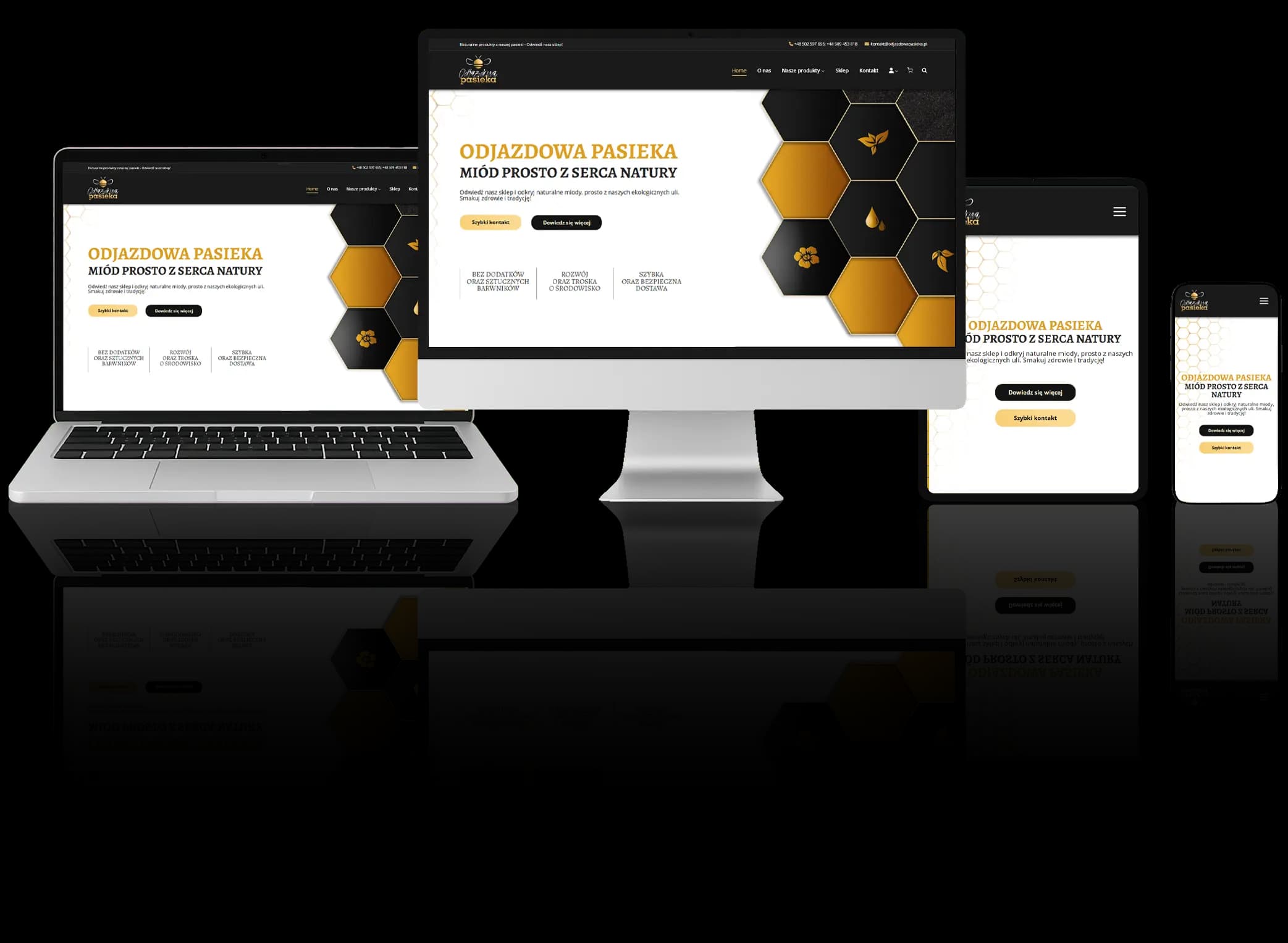 Responsywna strona internetowa dla pasieki – projekt sklepu online z miodem wyświetlony na laptopie, komputerze, tablecie i smartfonie