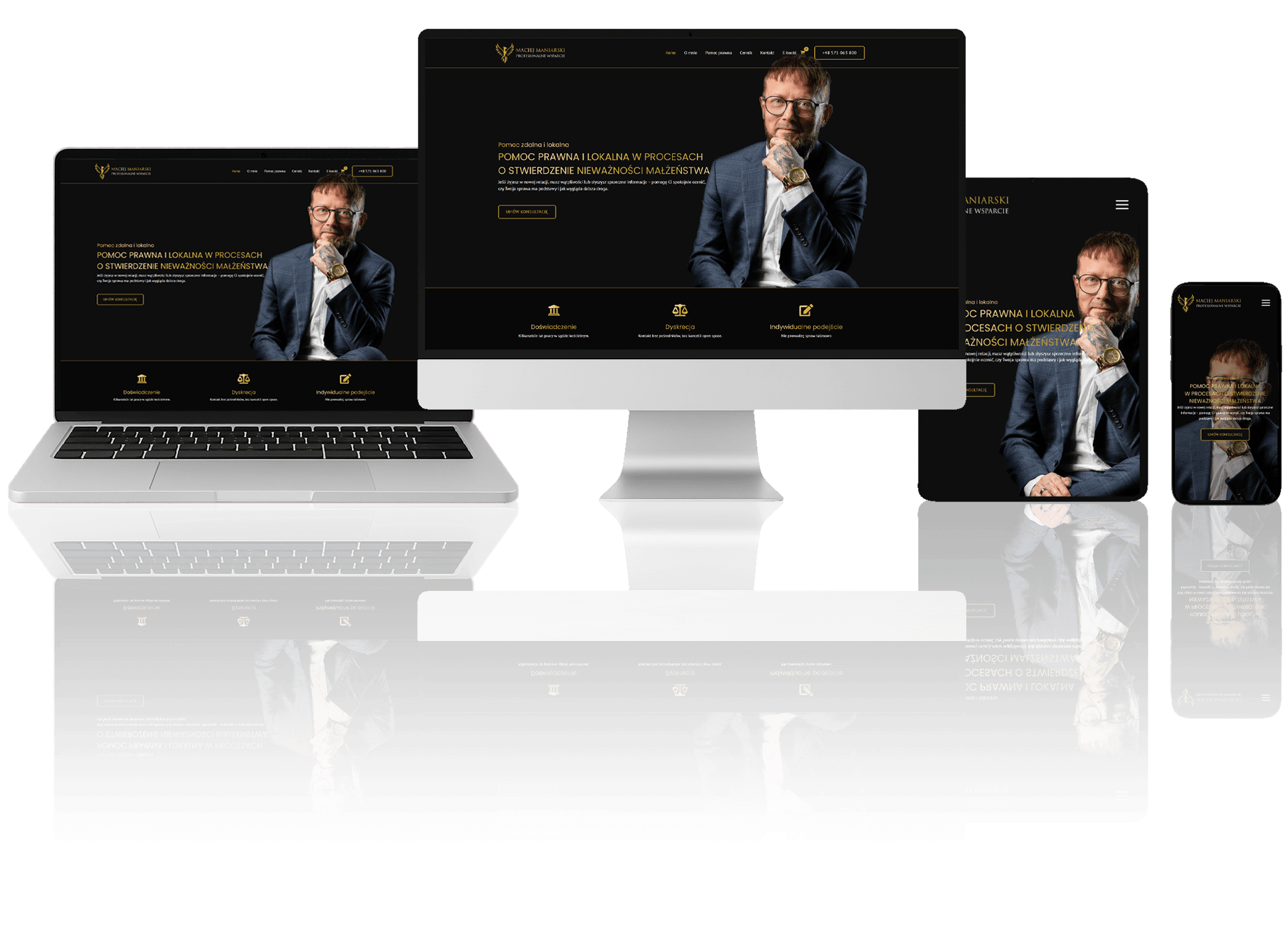 Responsywny projekt strony internetowej dla prawnika zajmującego się unieważnianiem małżeństw w Kościele katolickim, wyświetlany na różnych urządzeniach: komputerze, laptopie, tablecie i smartfonie