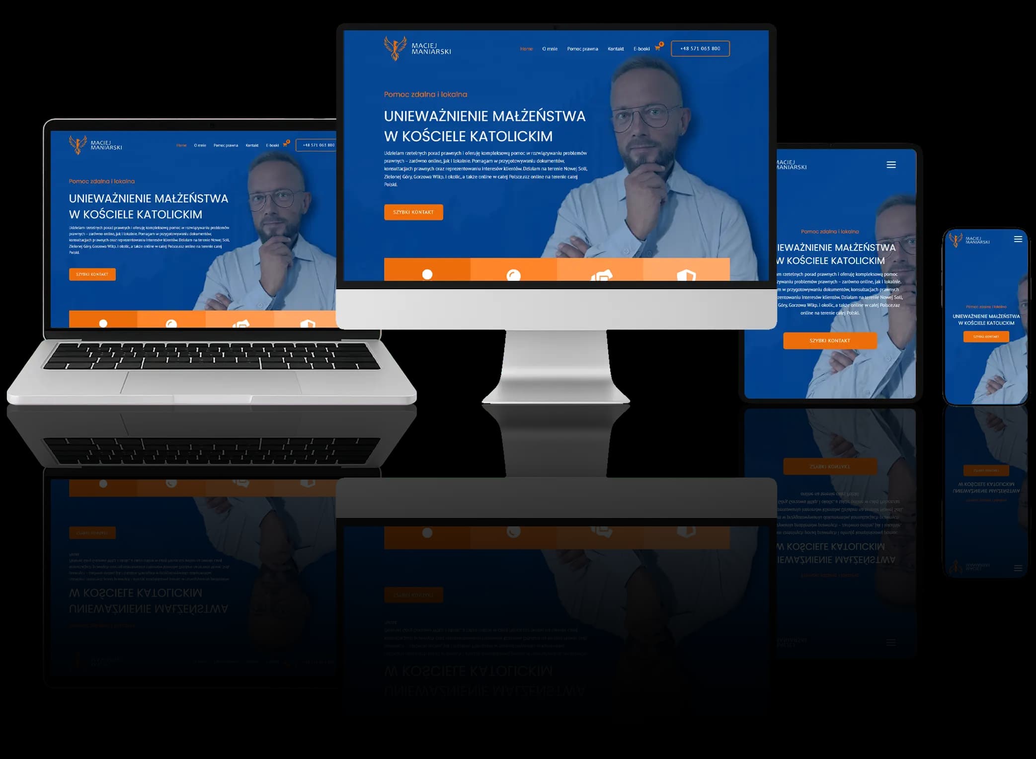 Responsywny projekt strony internetowej dla prawnika zajmującego się unieważnianiem małżeństw w Kościele katolickim, wyświetlany na różnych urządzeniach: komputerze, laptopie, tablecie i smartfonie