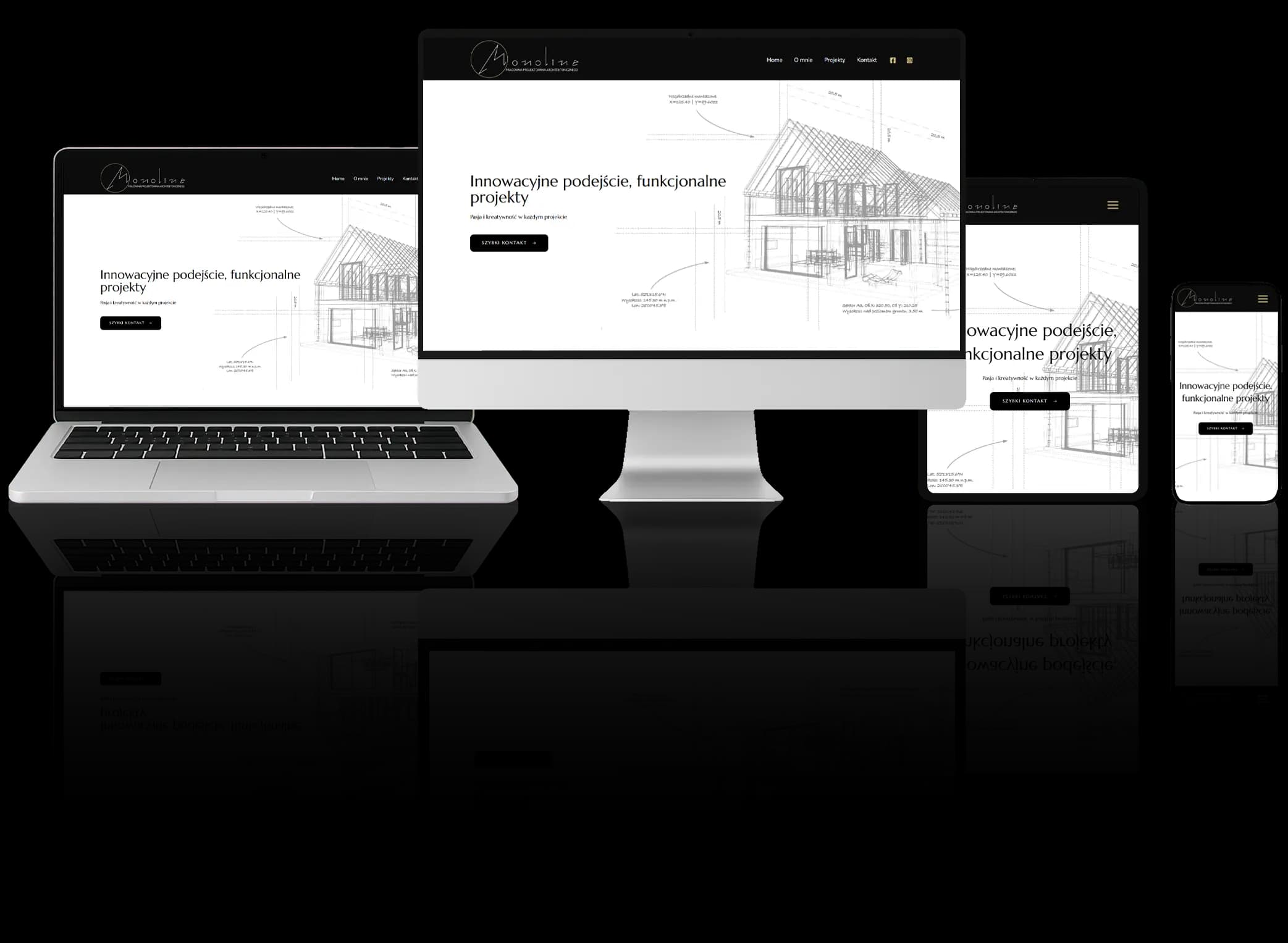 Strona internetowa pracowni architektonicznej – nowoczesny, minimalistyczny design z wizualizacją projektów budynków na komputerze, laptopie, tablecie i smartfonie