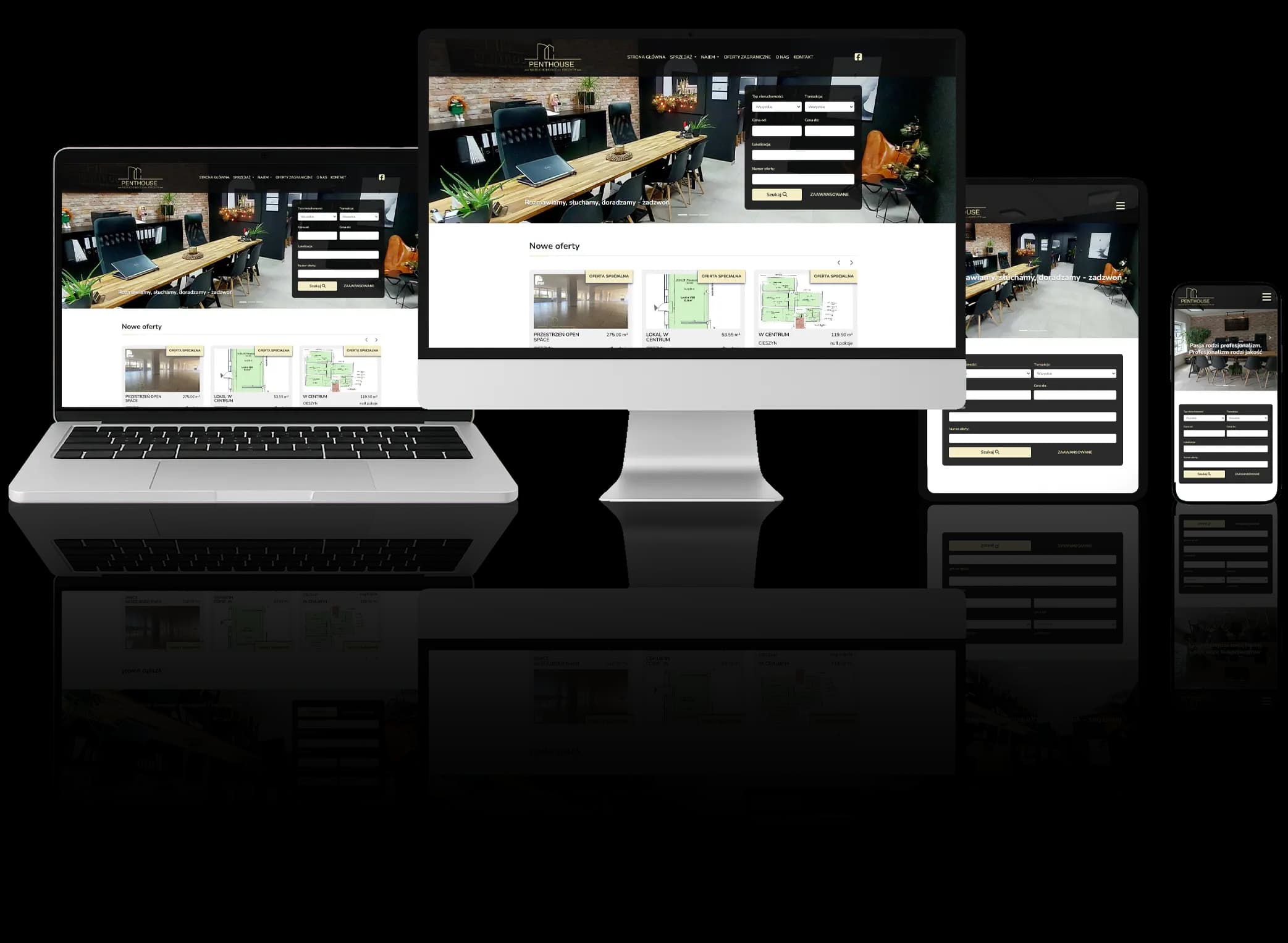Strona internetowa biura nieruchomości – wyszukiwarka ofert i lista mieszkań, widoczna na komputerze, laptopie, tablecie i smartfonie