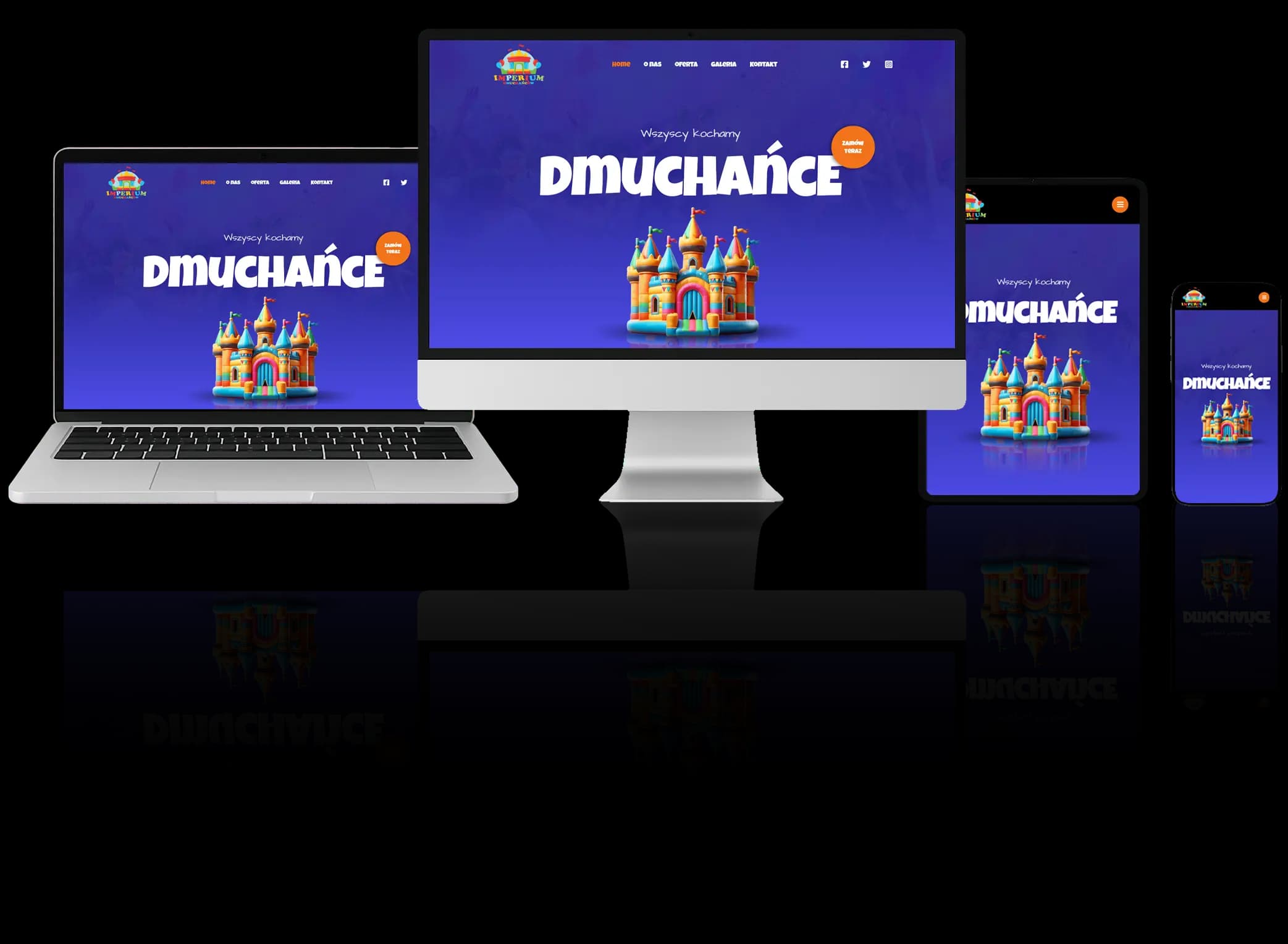 Strona internetowa firmy oferującej dmuchańce – kolorowy i responsywny projekt widoczny na komputerze, tablecie i telefonie